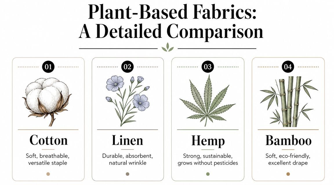 A detailed comparison graphic showing illustrations of cotton, linen, hemp, and bamboo plants used for fabrics.