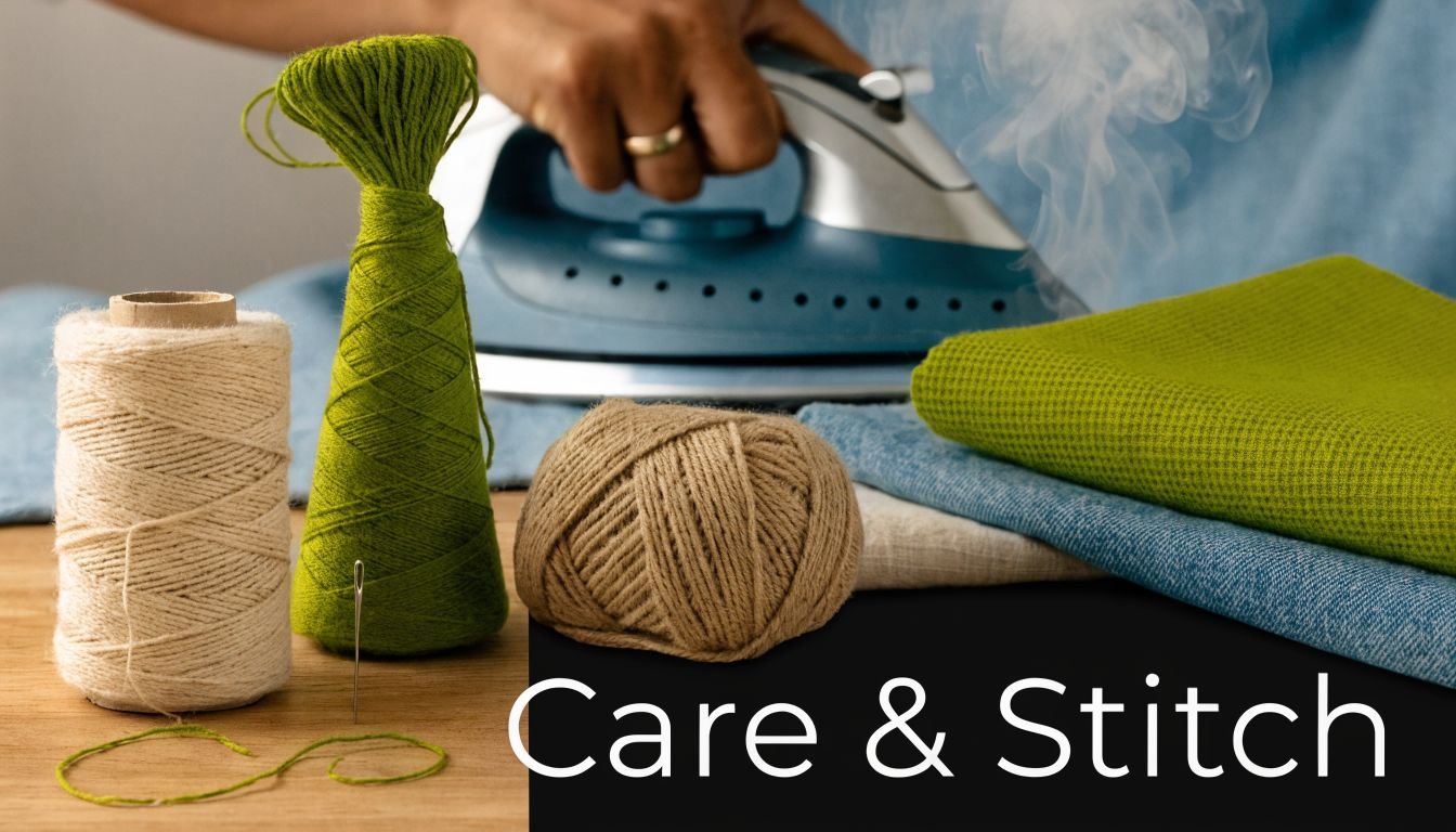 A close-up view of natural yarn, fabric, and an iron performing garment care and repair tasks.