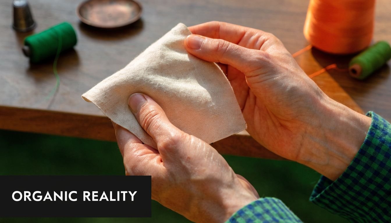 A close-up of a person's hands holding and examining a piece of natural organic cotton fabric.