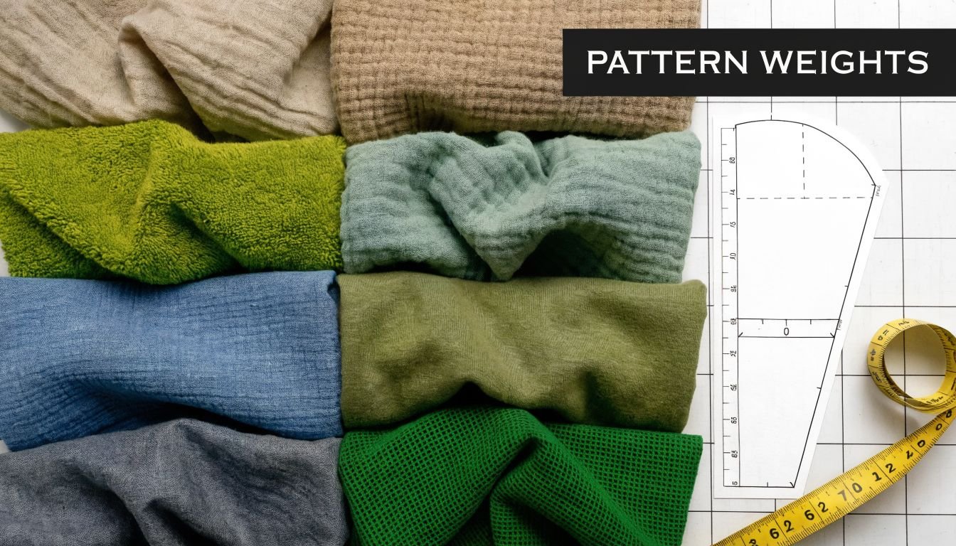 A collection of organic cotton fabrics in various colors arranged next to a sewing pattern and ruler.