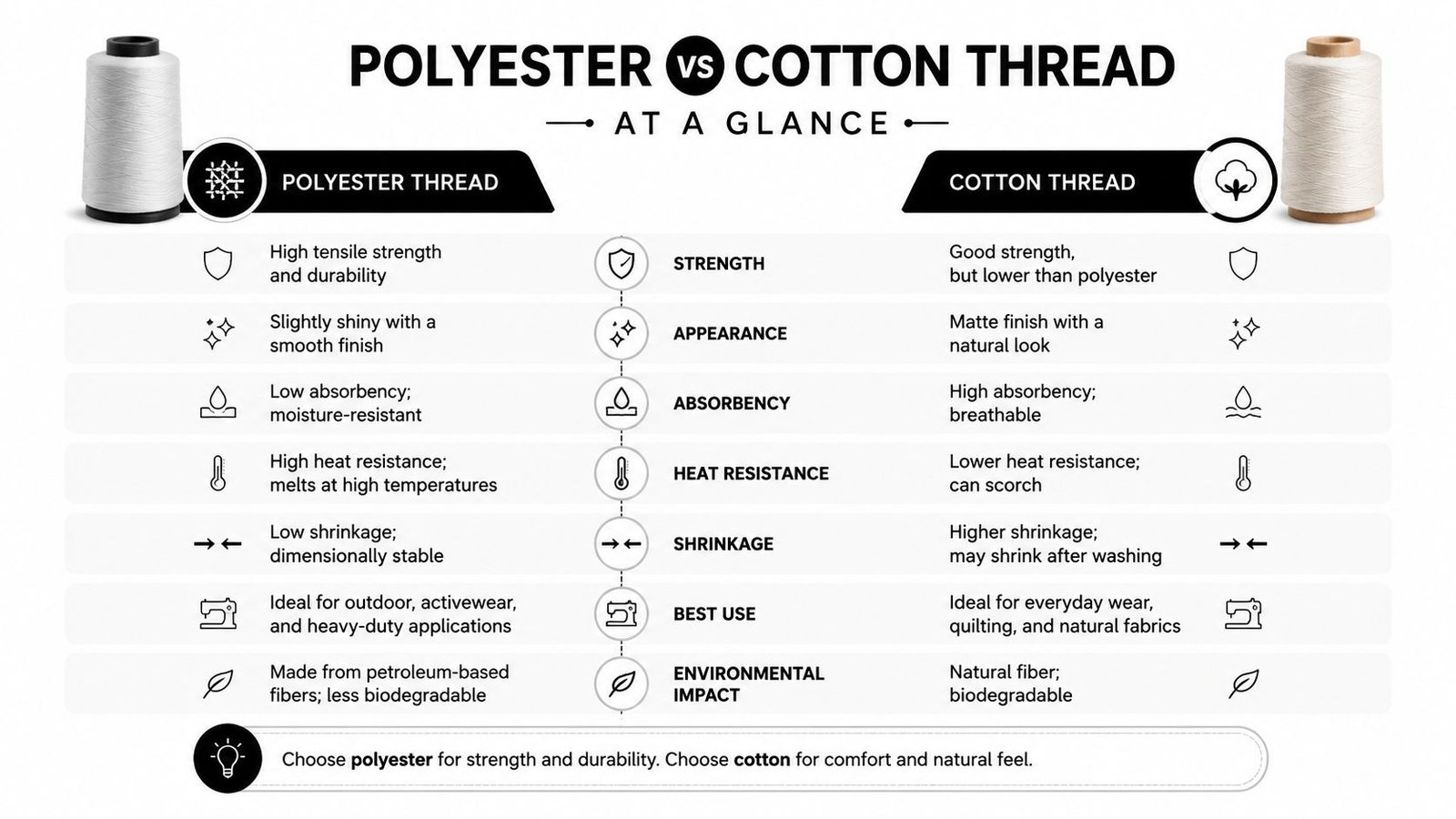 A comparison chart showing the differences between polyester thread and cotton thread based on various characteristics.