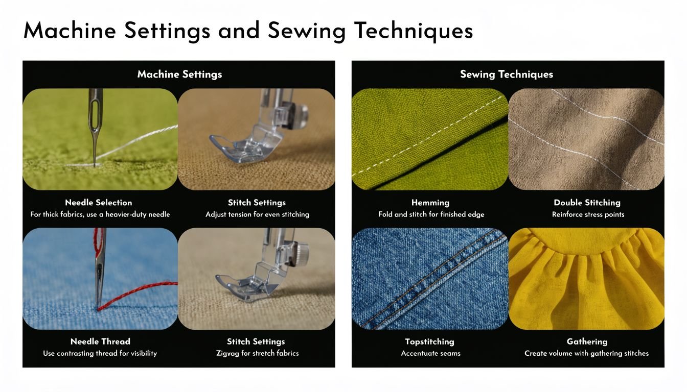A educational graphic outlining various sewing machine settings and common sewing techniques with illustrative example images.