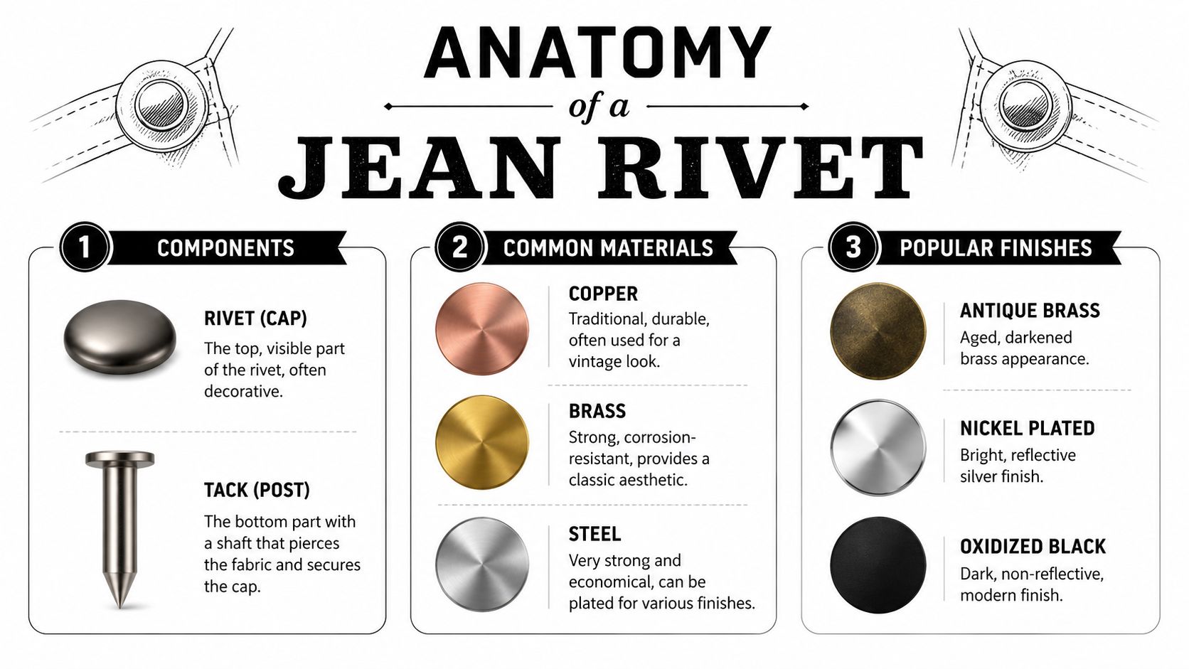 An infographic diagram illustrating the anatomy of a jean rivet, showing its components, materials, and finishes.
