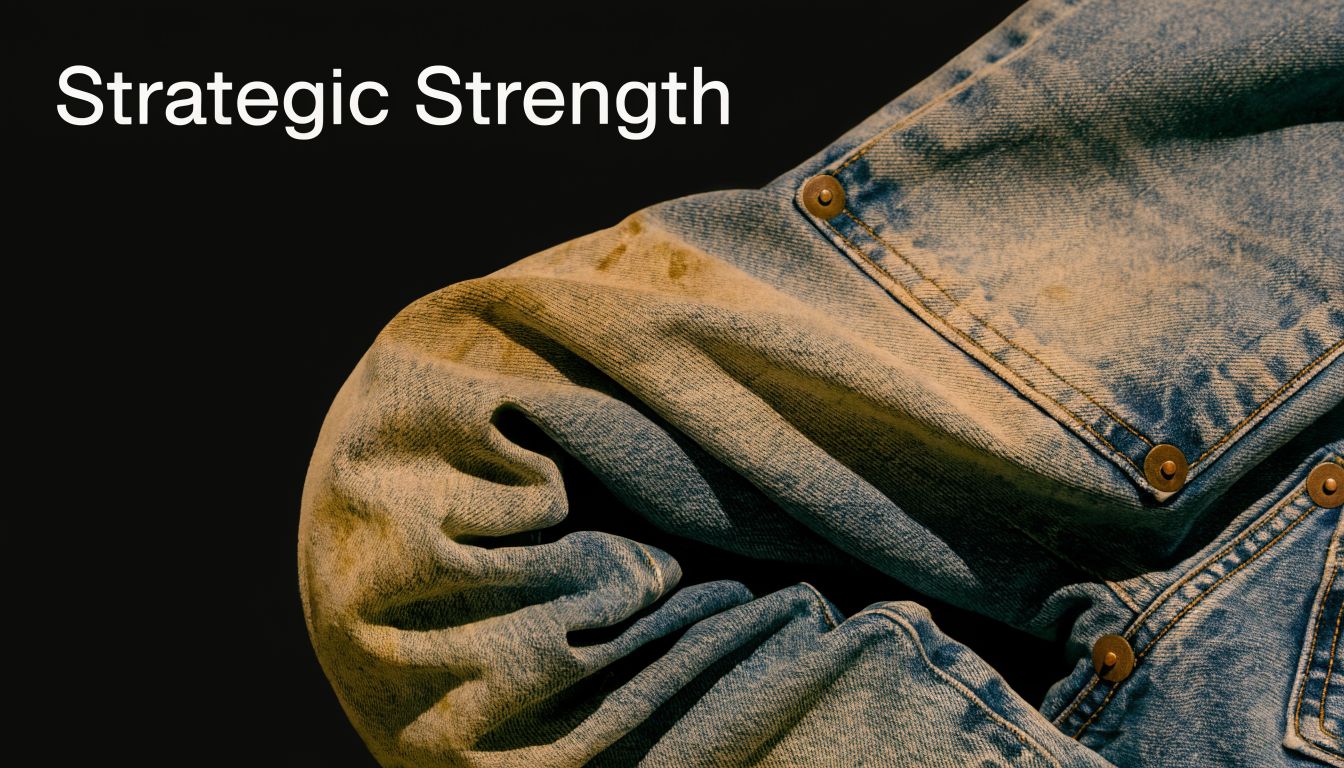 A close-up view of weathered denim fabric highlighting copper-colored rivets against a deep black background.