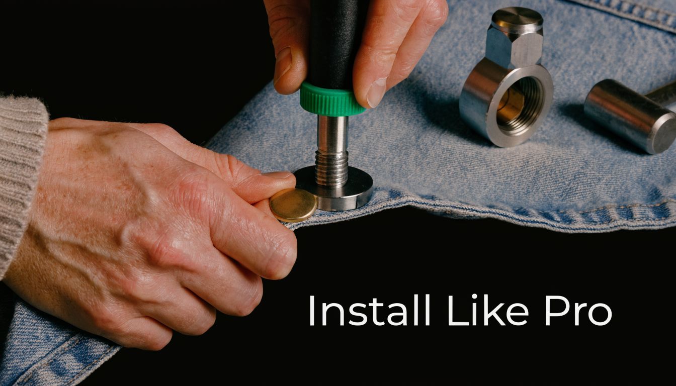 A pair of hands using a specialized tool to install a metal rivet into denim fabric.