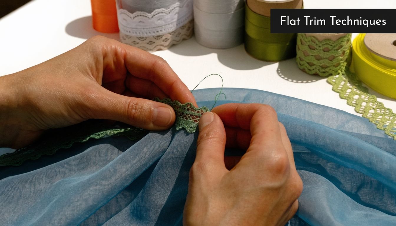 A close-up view of hands sewing delicate green lace trim onto blue sheer fabric.