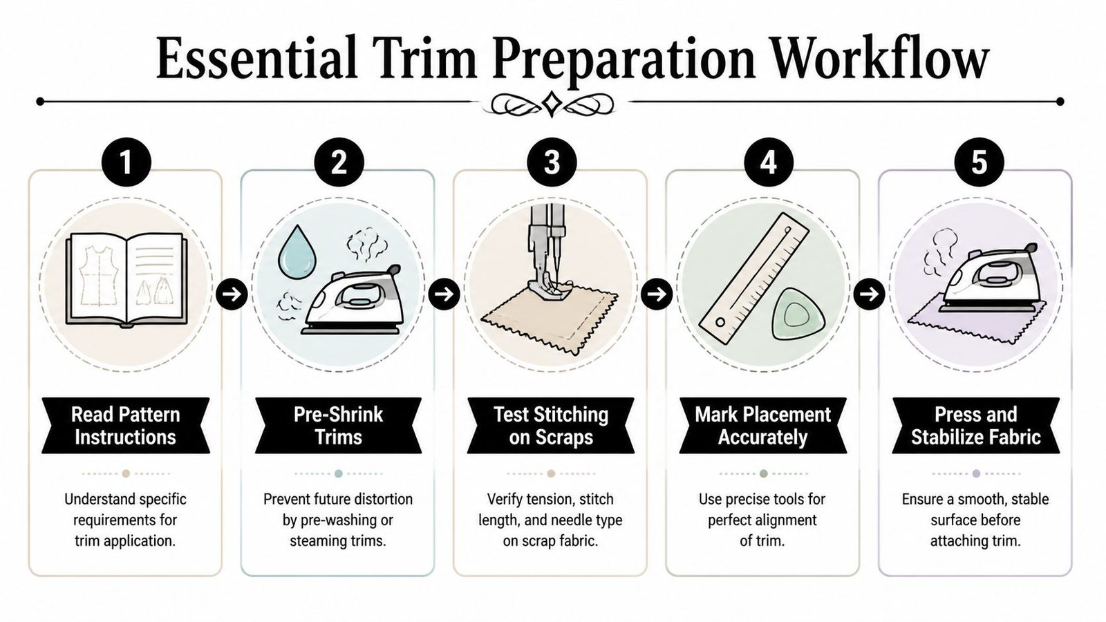 An infographic showing a five-step essential workflow for preparing fabric trims before sewing them onto garments.