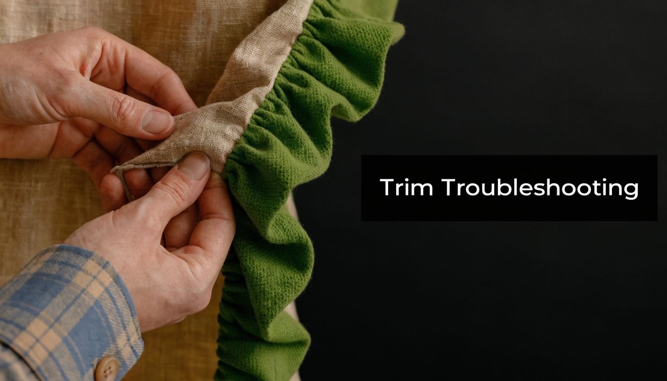 Close-up of hands sewing a green ruffled trim onto beige linen fabric for a sewing tutorial.