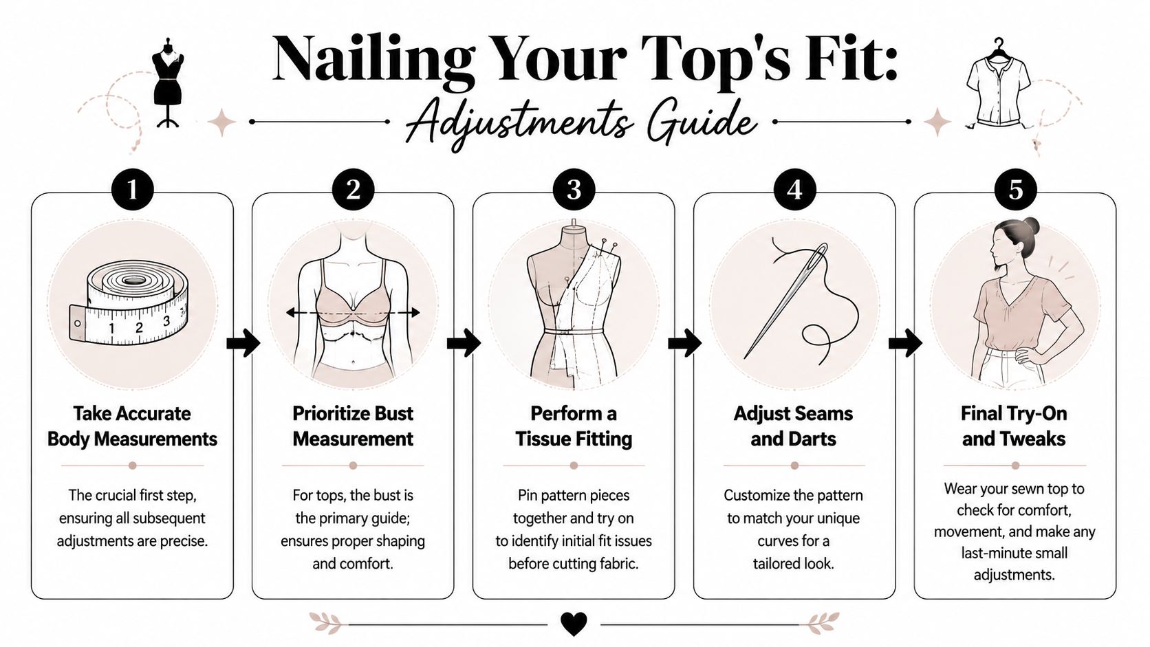 A five-step instructional guide on how to adjust sewing patterns for a perfect ladies top fit.