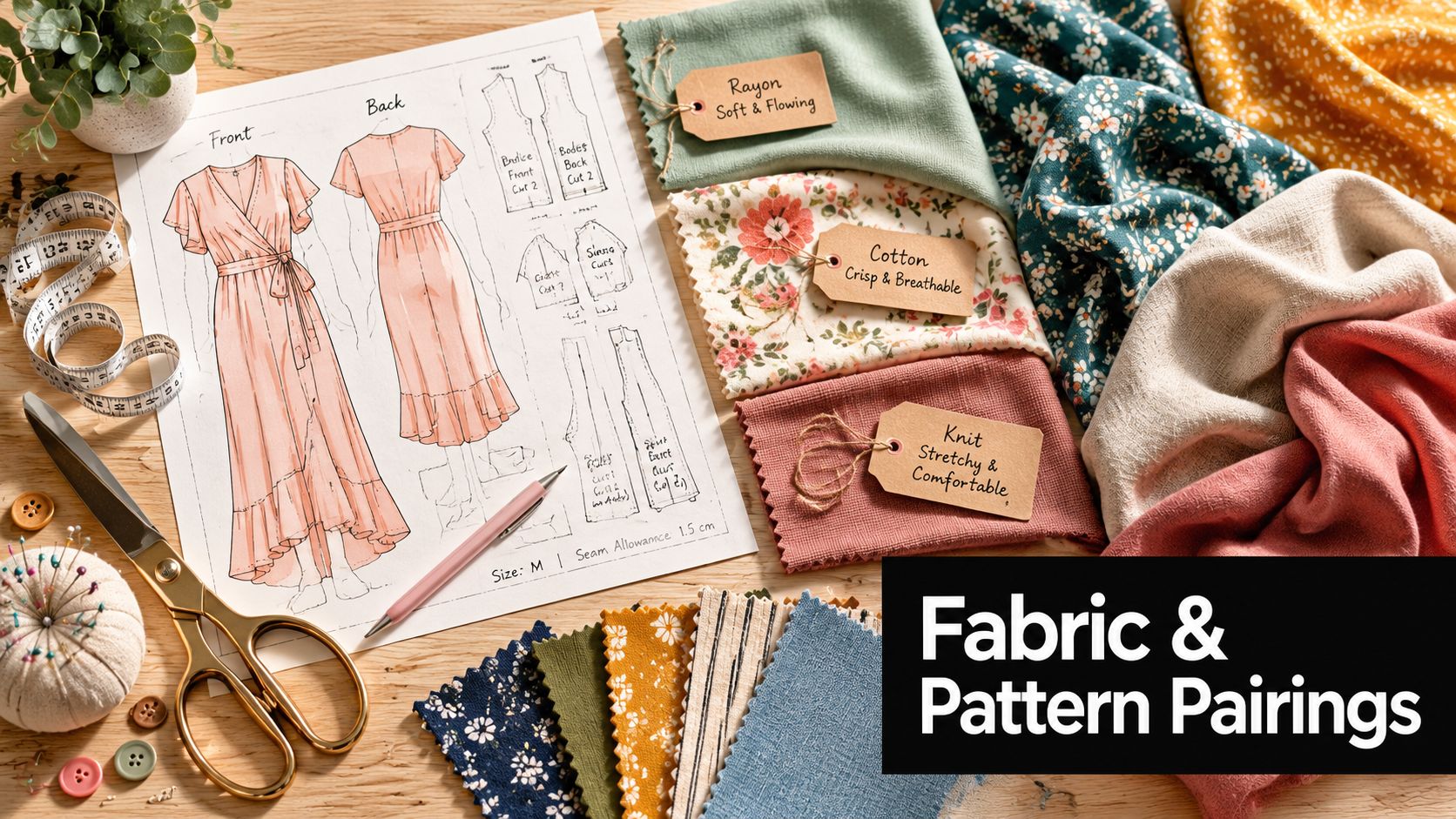 A flatlay of dress sewing patterns, fabric swatches, scissors, measuring tape, and sewing notions on a table.