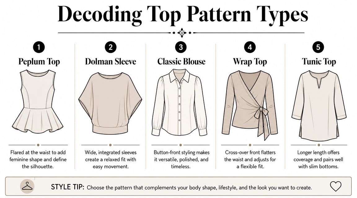 An infographic displaying five different types of sewing patterns for women's tops with their brief descriptions.