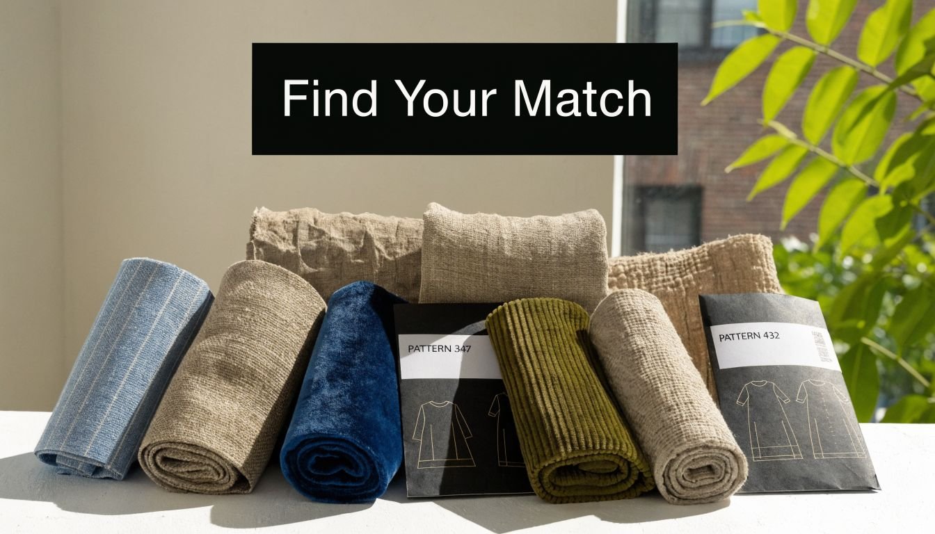 A display of fabric rolls including linen and velvet alongside sewing pattern envelopes for women's clothing.