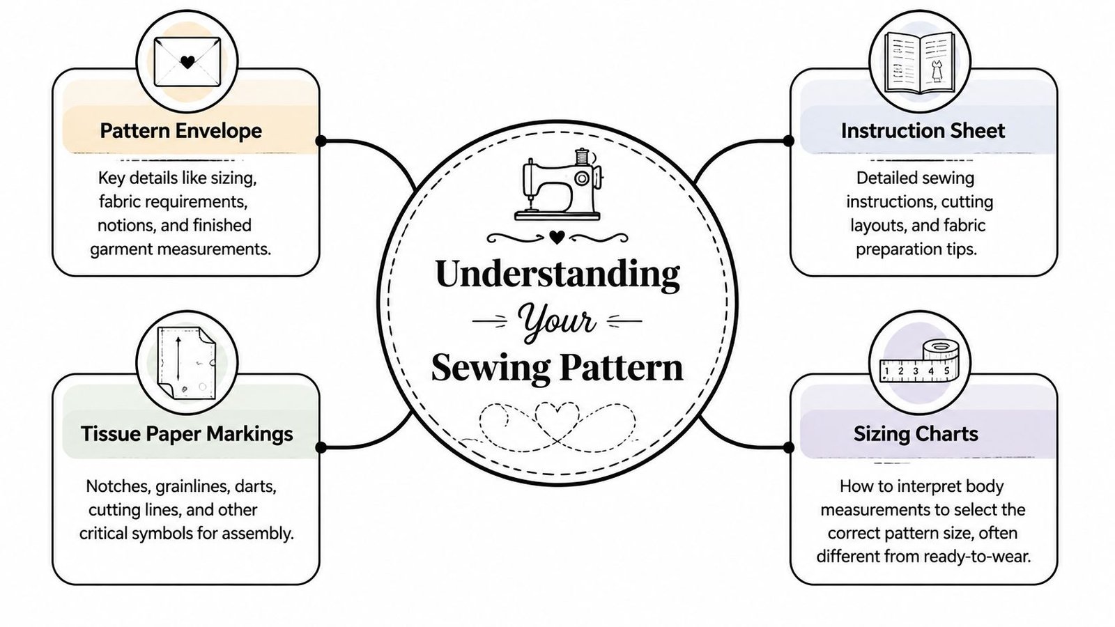 A mind map infographic explaining the four key components for understanding a sewing pattern for clothing.
