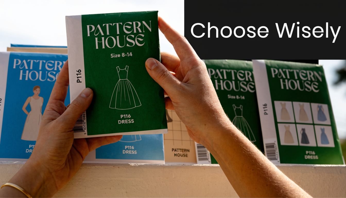 A person choosing between several Pattern House sewing pattern envelopes for women's dresses held in their hands.