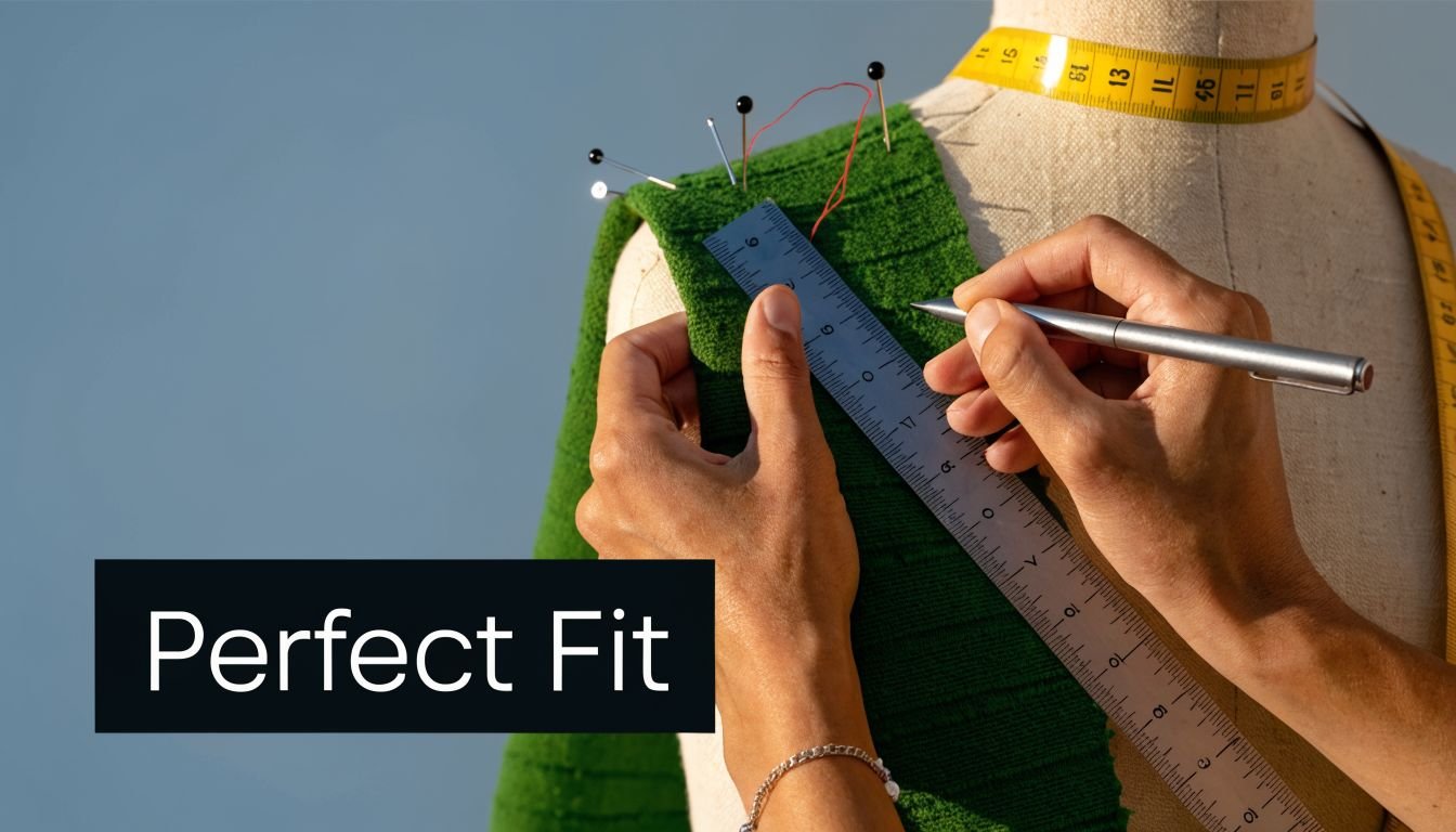 A close-up view of a person using a ruler and pen to adjust a green knitted garment.