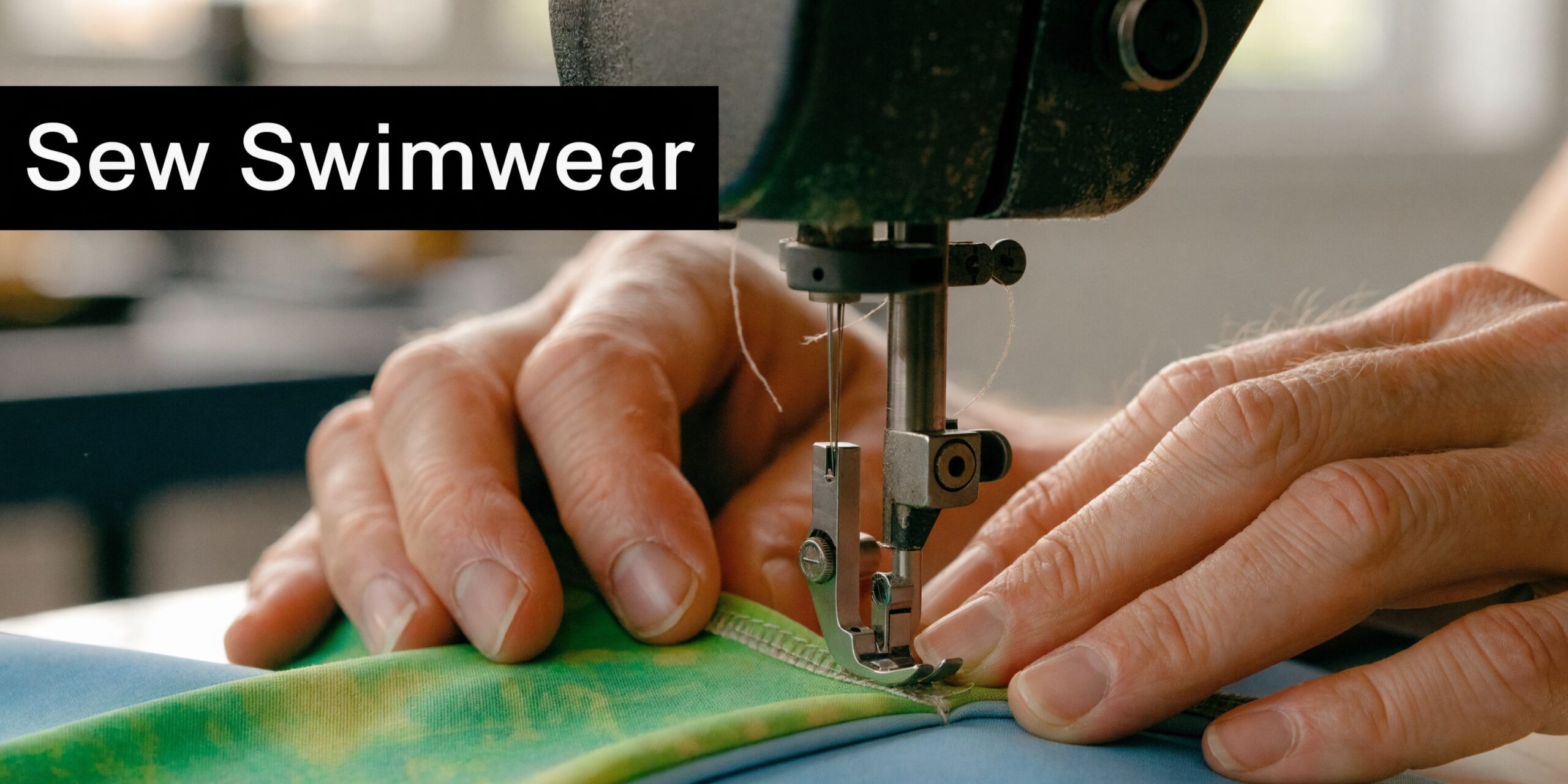 A close-up view of hands using a sewing machine to stitch together green and blue fabric