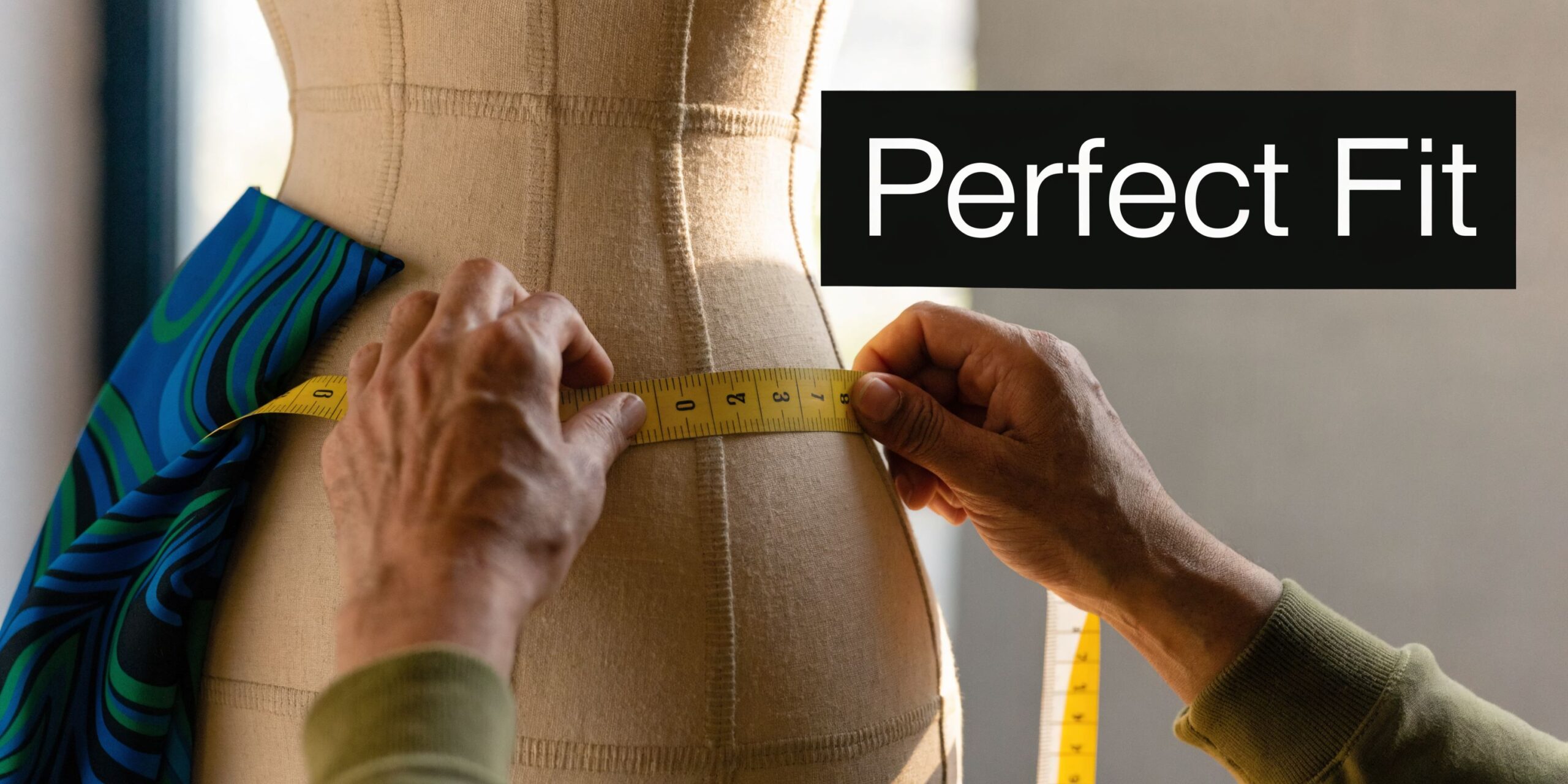 A close-up view of a tailor measuring the waist of a beige dress form mannequin.