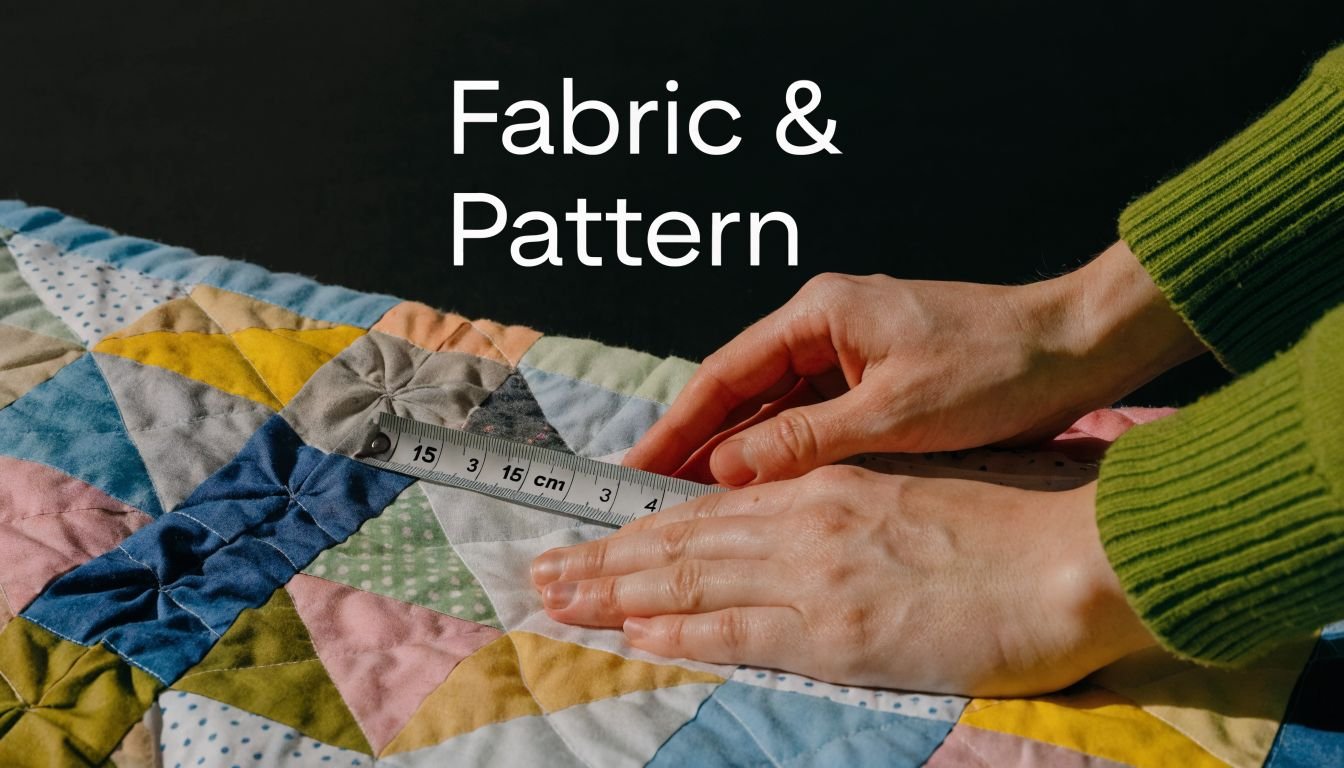 A close-up view of hands measuring a colorful patchwork quilt with a metal tape measure.