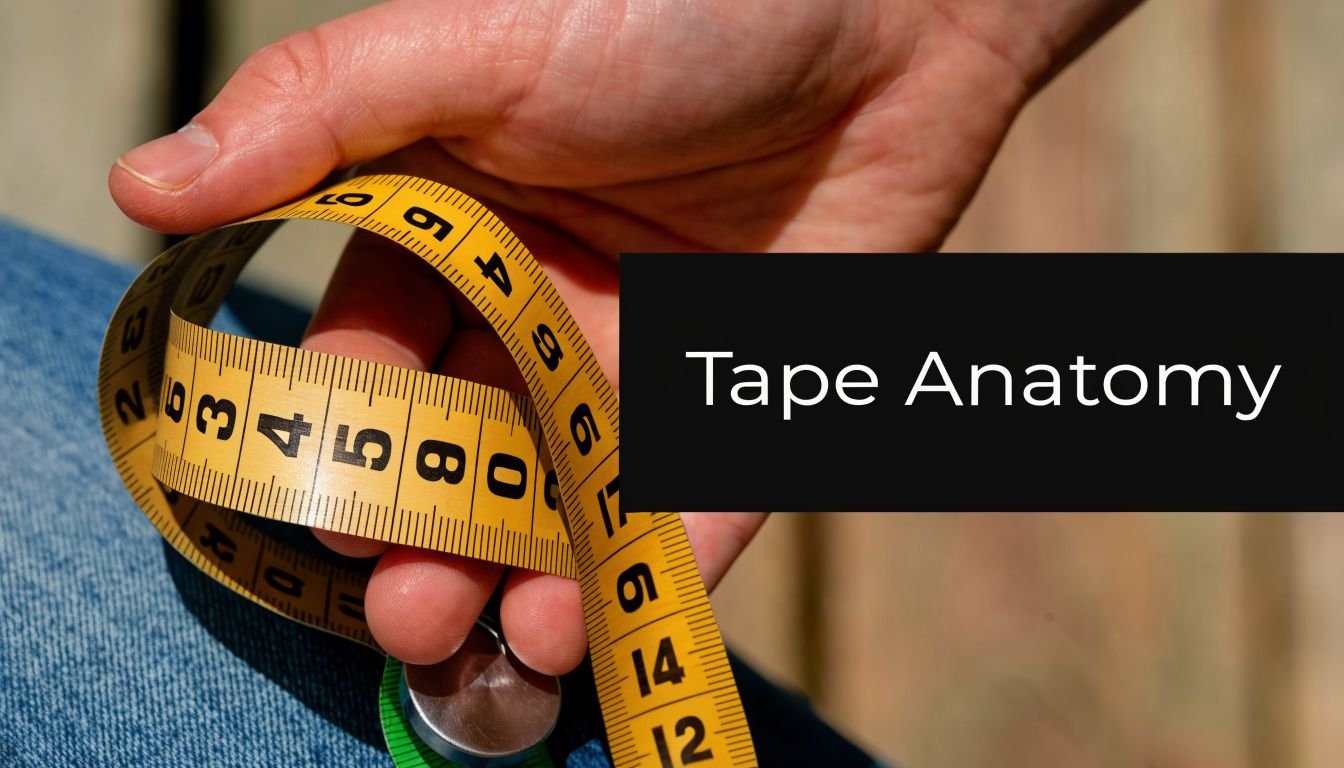 A close-up view of a yellow measuring tape held in a person's hand, labeled Tape Anatomy.