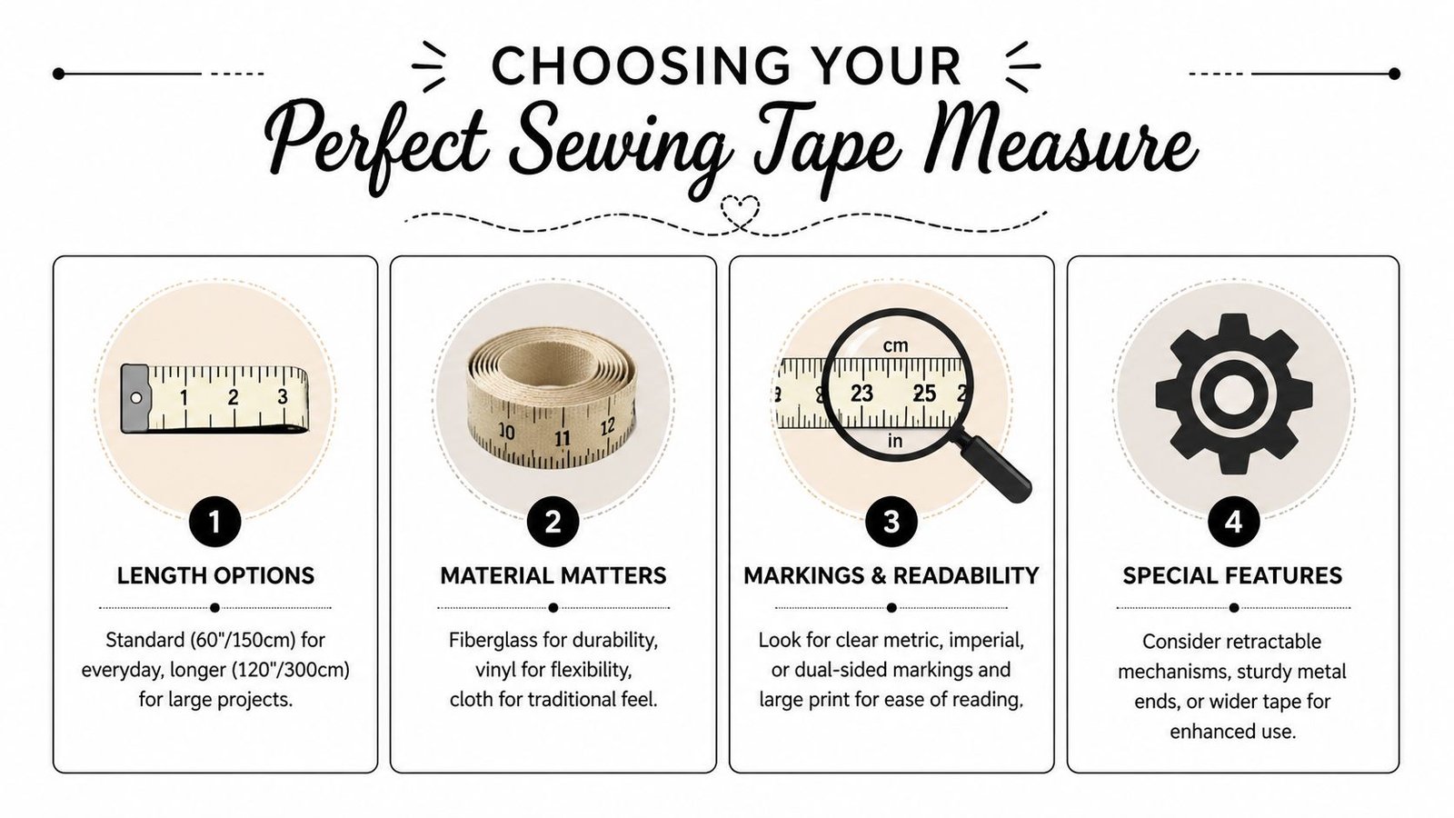 An infographic titled Choosing Your Perfect Sewing Tape Measure, illustrating four key factors for choosing sewing tapes.