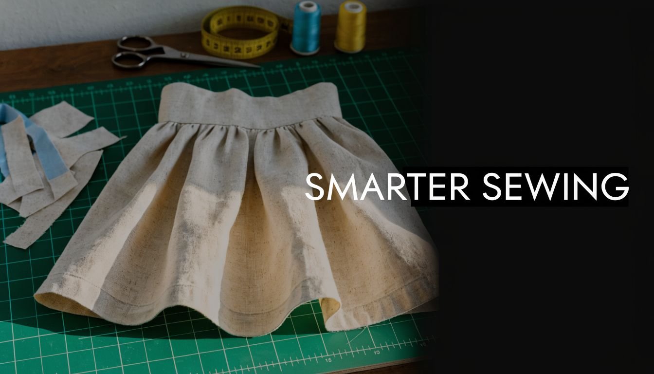 A gathered skirt made of natural linen fabric laid on a green cutting mat with sewing accessories.