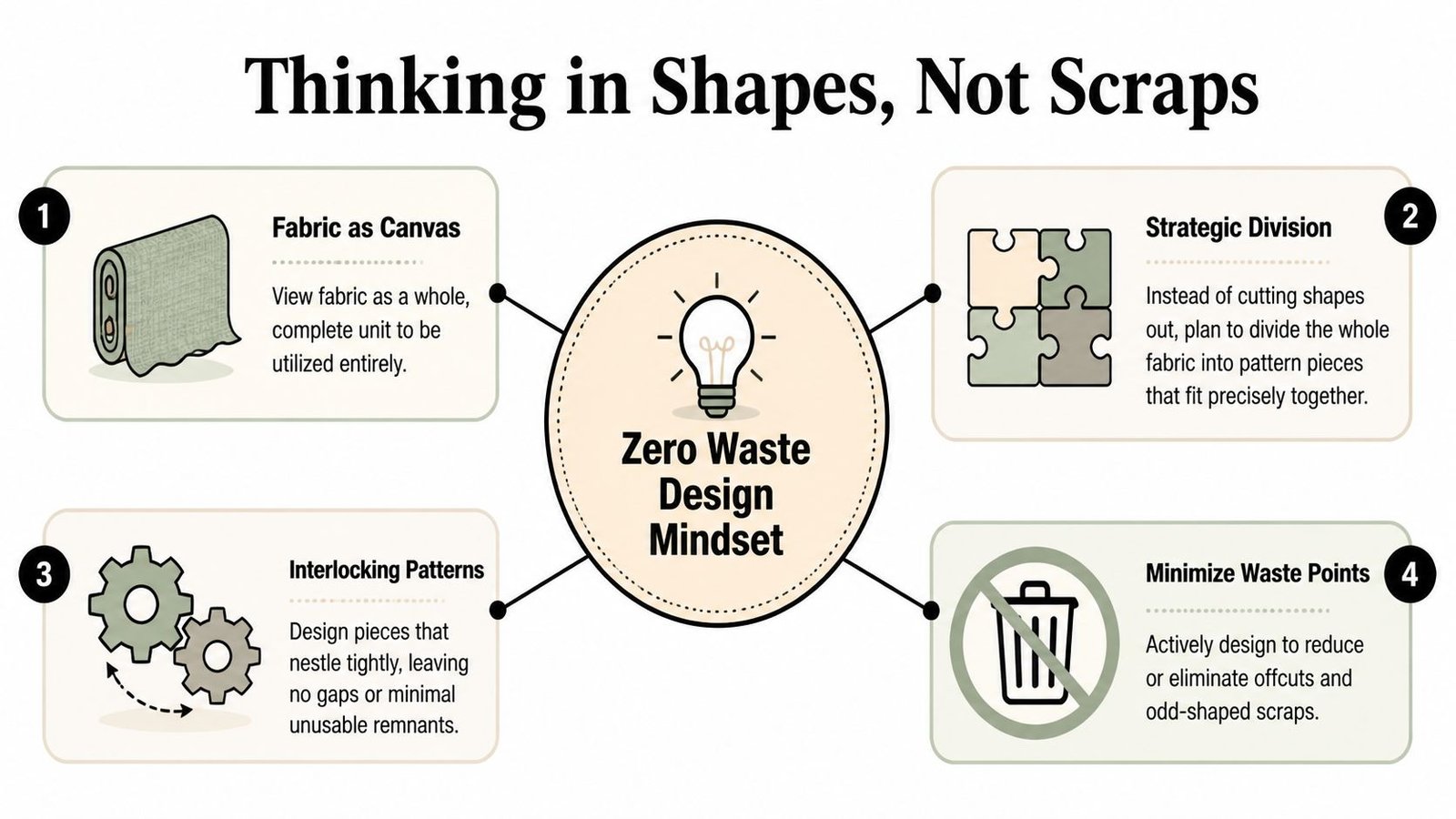 An infographic showing four steps for a zero waste design mindset in garment manufacturing.