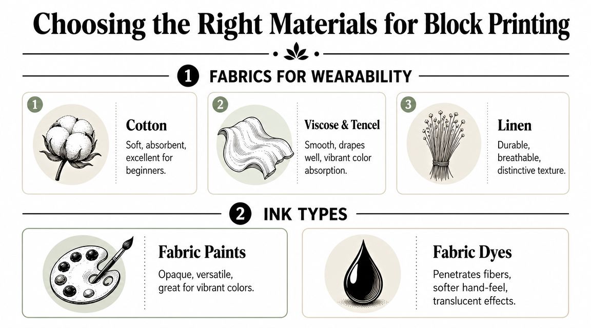 An infographic titled Choosing the Right Materials for Block Printing listing fabrics and ink types.