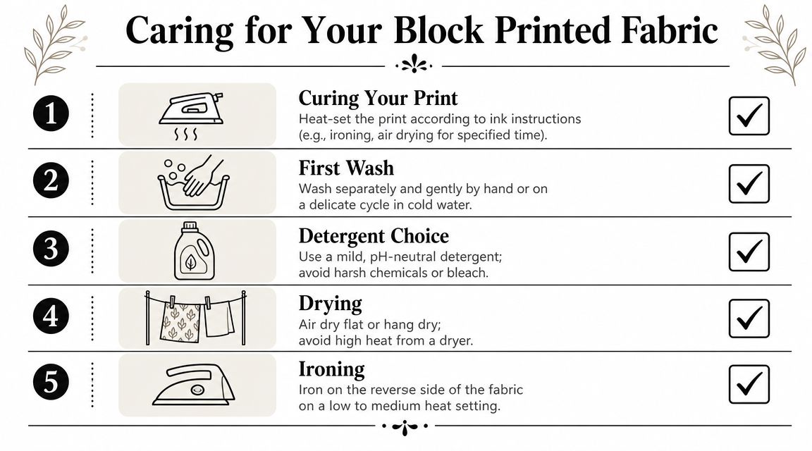An infographic titled Caring for Your Block Printed Fabric, outlining five steps for maintaining hand-printed textiles.