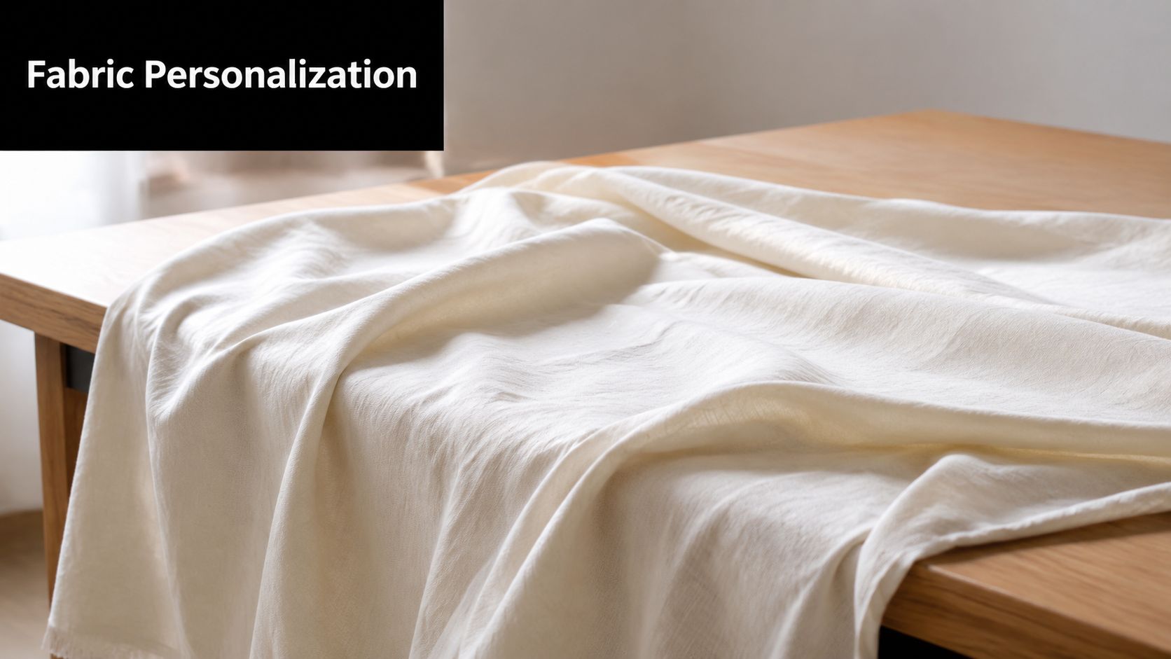 A high-quality piece of off-white linen fabric draped elegantly over a polished wooden table surface.