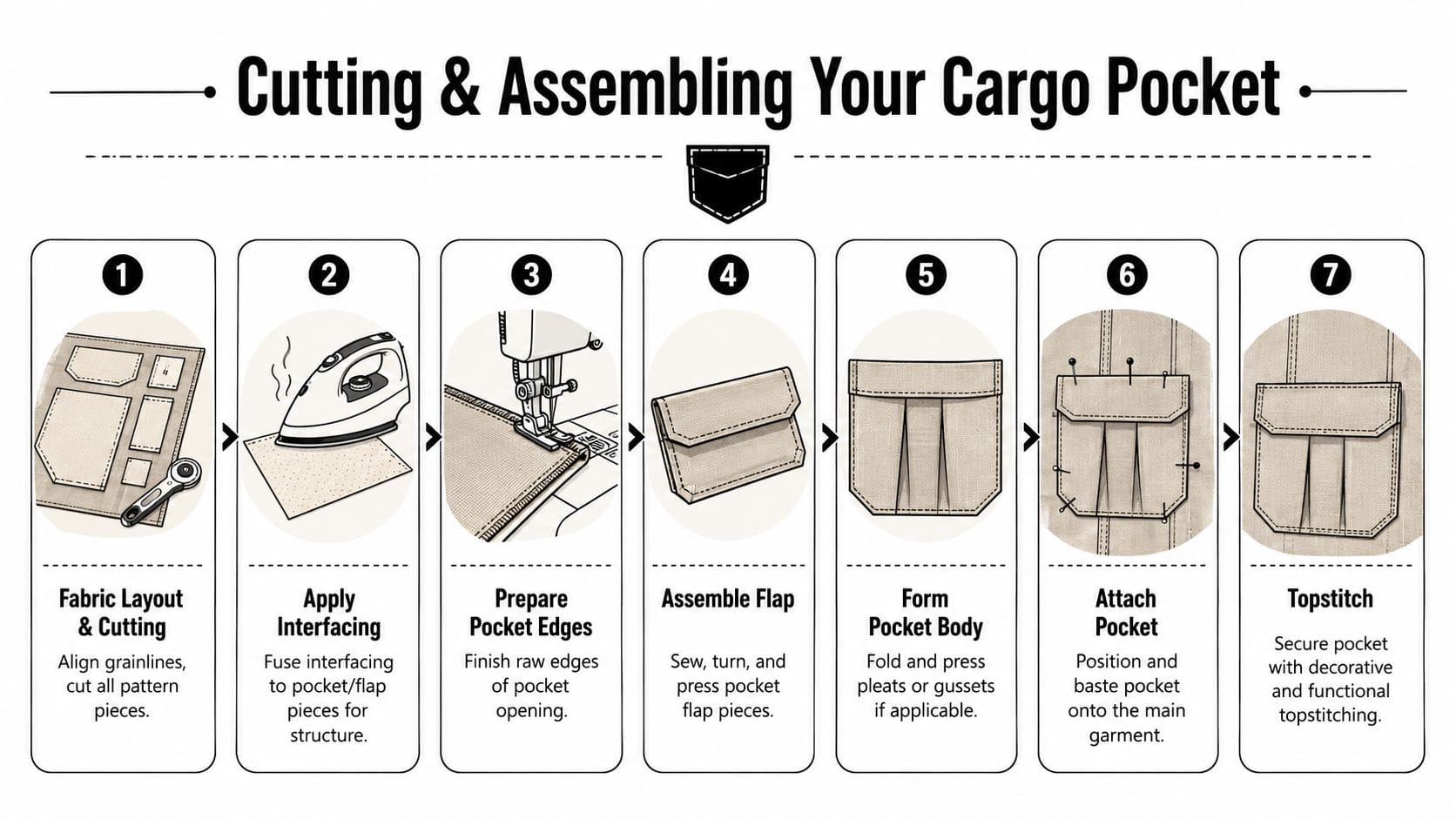 A step-by-step instructional infographic showing seven stages of cutting and assembling a fabric cargo pocket.