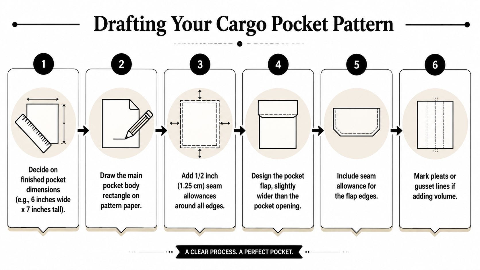 A six-step instructional infographic showing the process of drafting a custom cargo pocket sewing pattern.