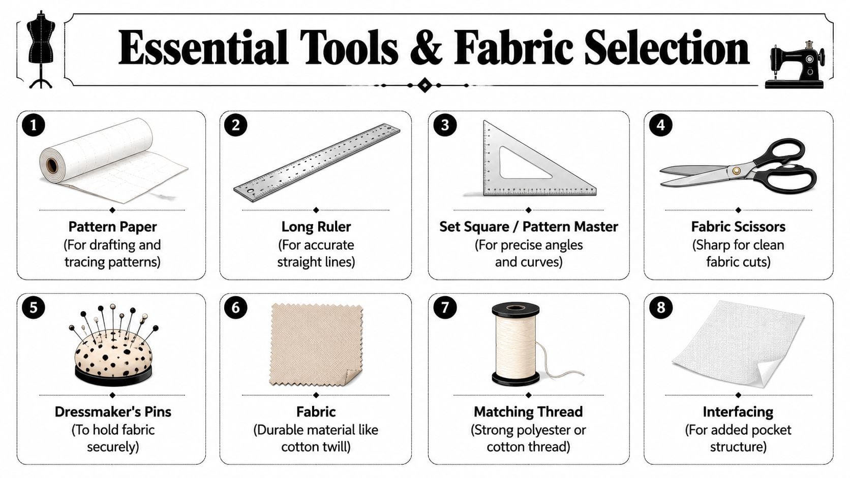 A diagram displaying eight essential tools and materials for sewing, including patterns, rulers, fabric, and thread.