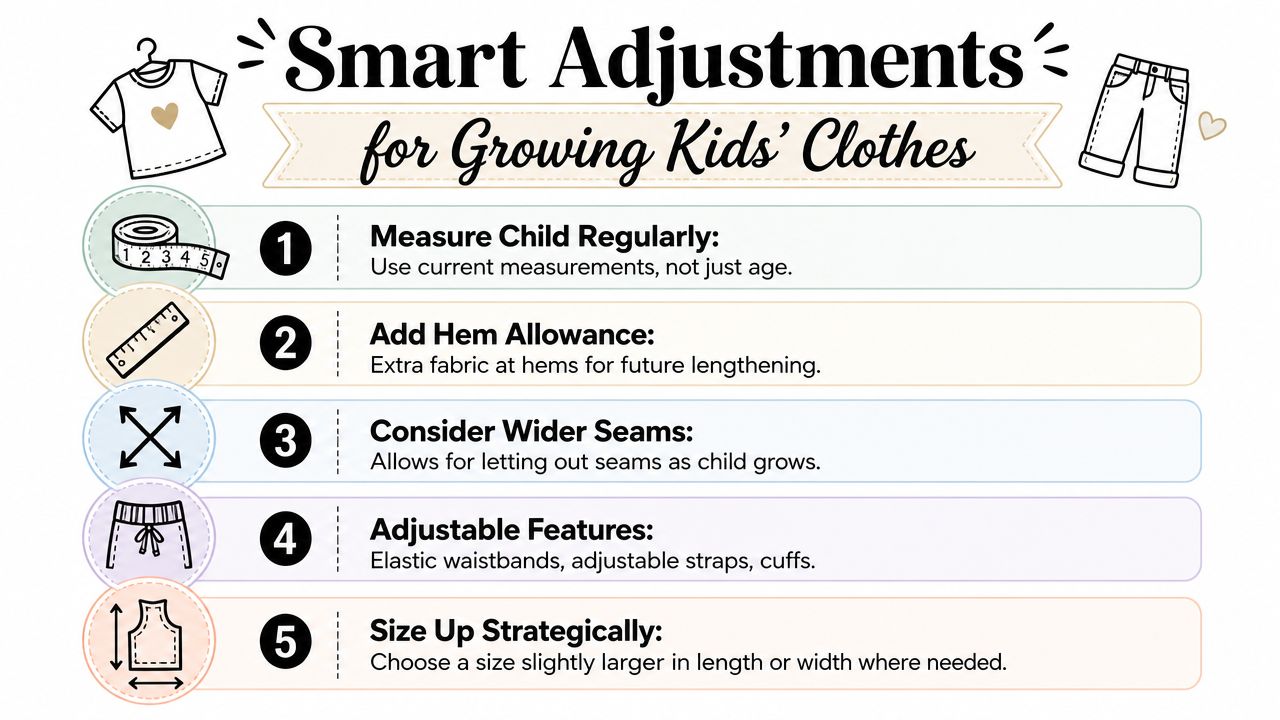 An infographic titled Smart Adjustments for Growing Kids Clothes featuring five tips for sewing adjustable garments.