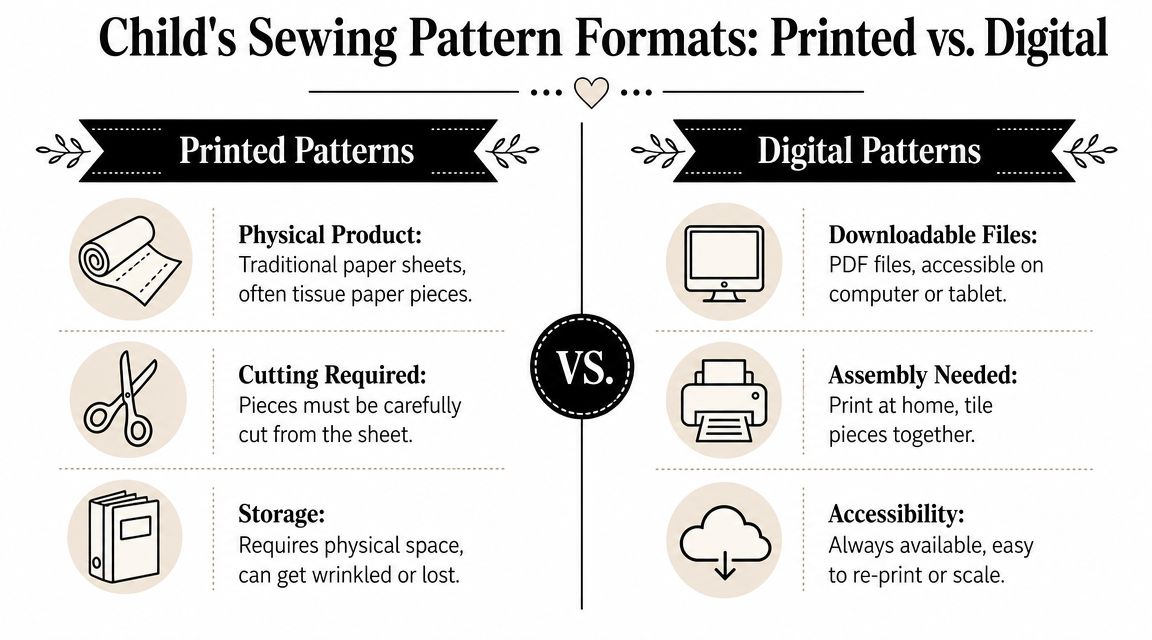 A comparison infographic showing the pros and cons of using printed versus digital sewing patterns for children.