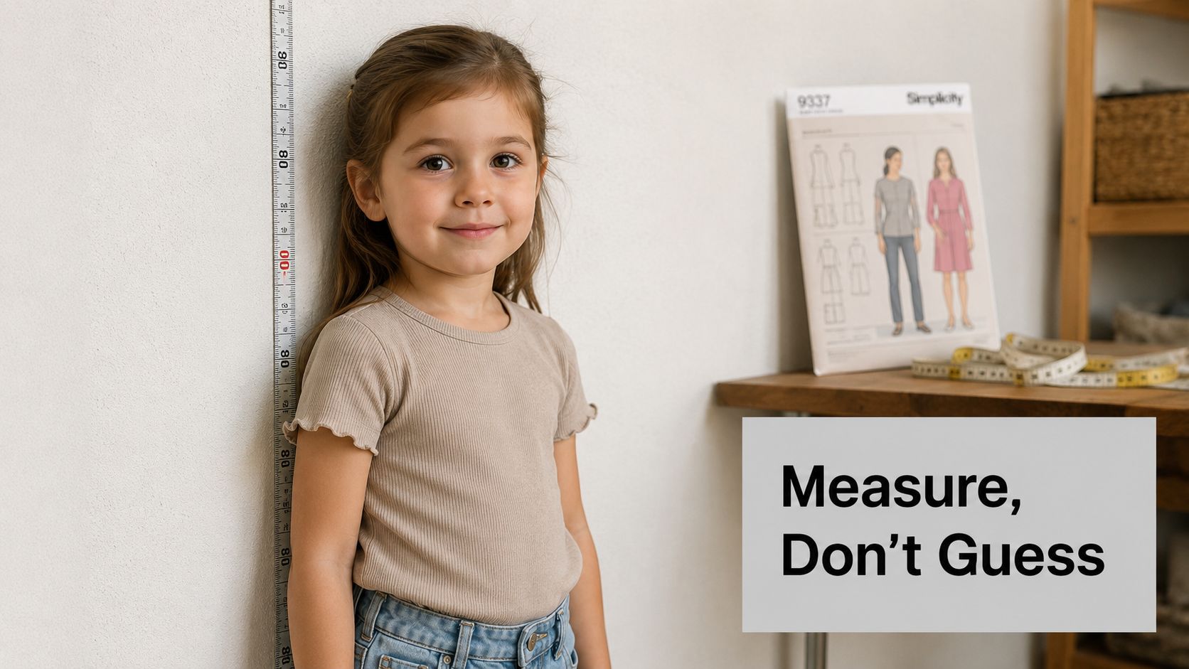 A young girl standing against a wall with a height chart, beside a Simplicity sewing pattern envelope.