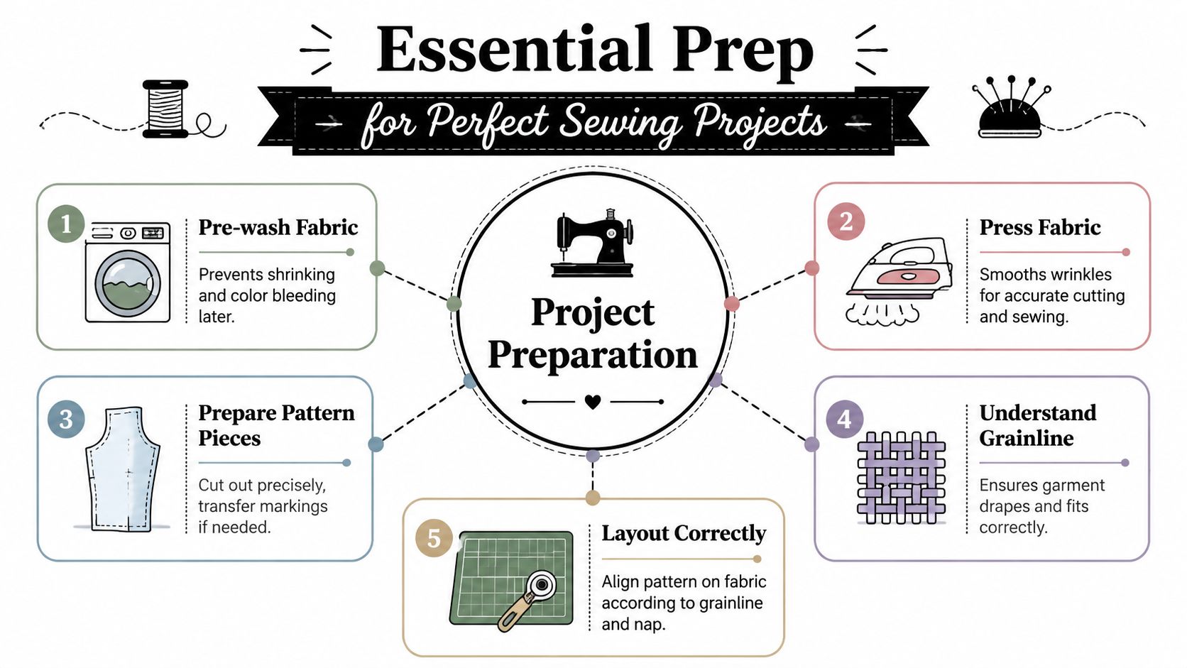 An infographic titled Essential Prep for Perfect Sewing Projects outlining five key steps for sewing preparation.