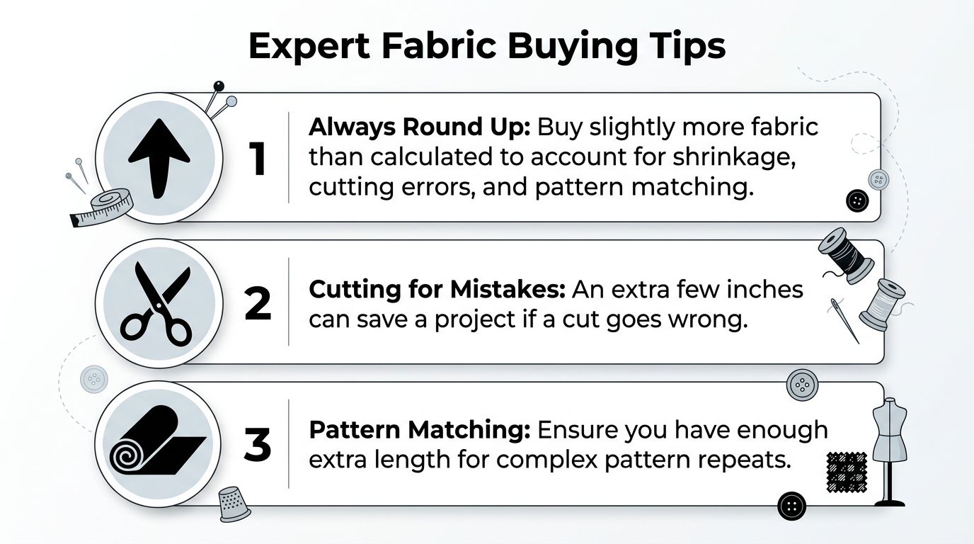 A graphic titled Expert Fabric Buying Tips showing three numbered advice points for sewing and textile projects.
