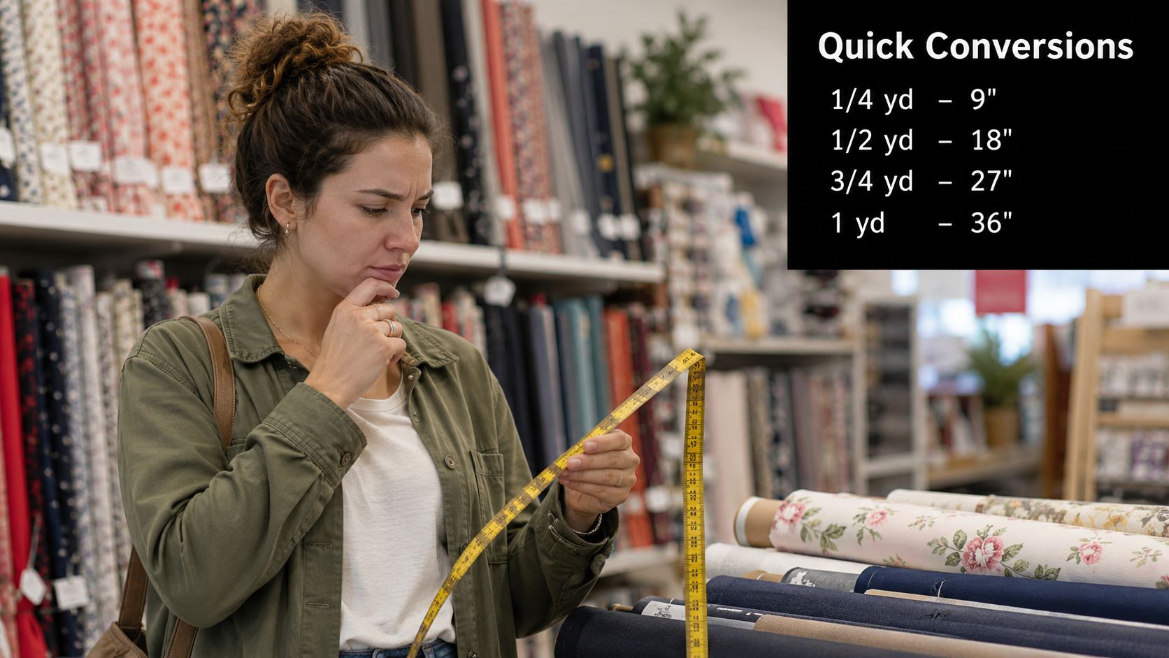 A woman holding a yellow measuring tape in a fabric shop while looking at a conversion chart.