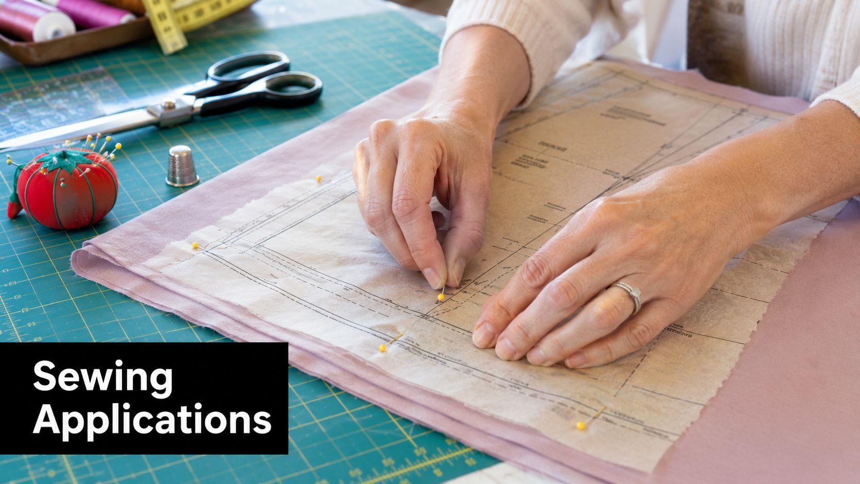 A person pins a paper sewing pattern onto mauve fabric on a green cutting mat.