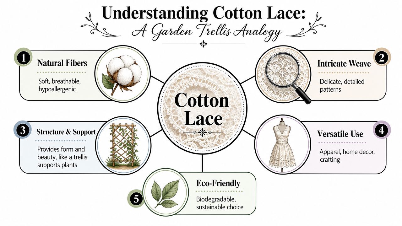 An infographic titled Understanding Cotton Lace, detailing five key characteristics including natural fibers, intricate weave, and versatility.