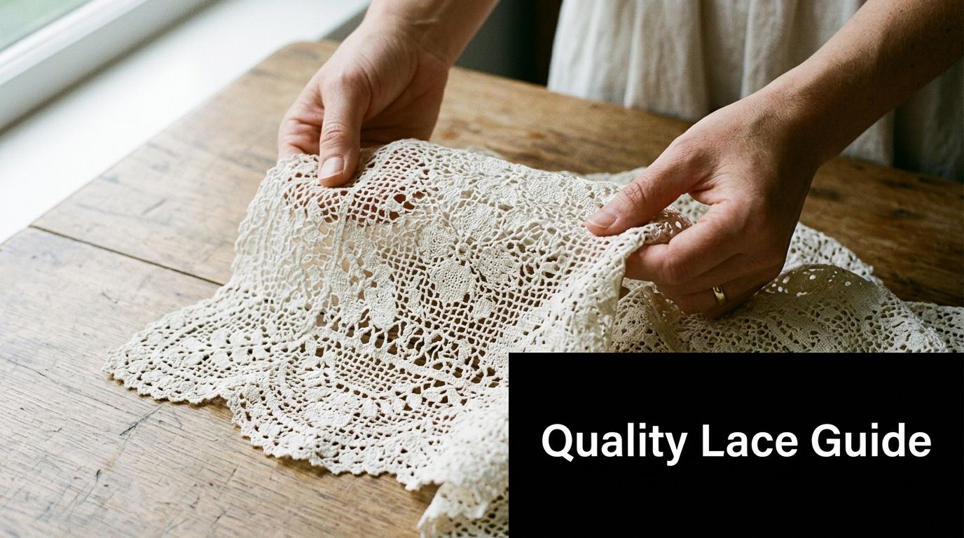 A person holding a delicate piece of vintage cream-colored cotton lace fabric over a wooden table.