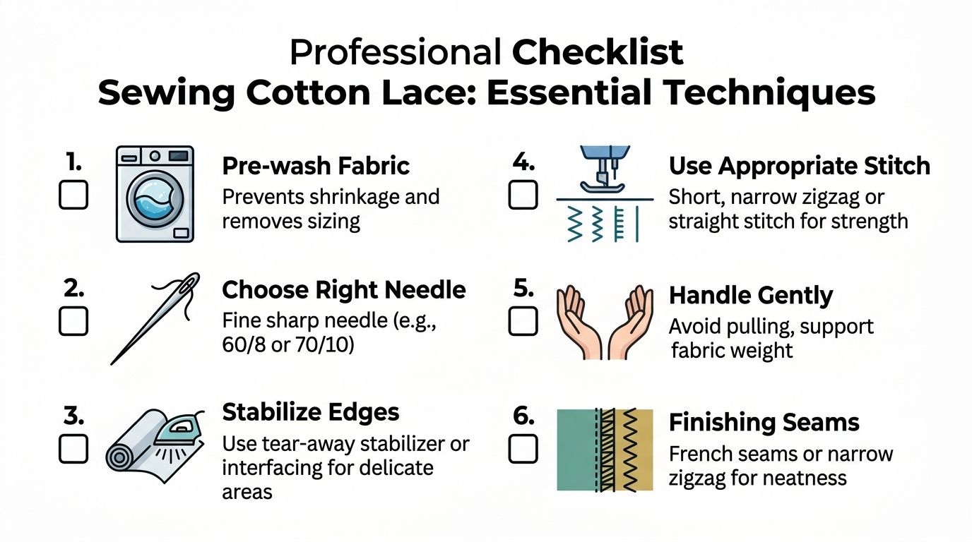 A professional checklist for sewing cotton lace fabric, detailing six essential techniques and preparation tips.