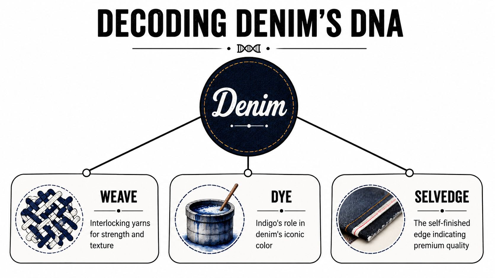 An infographic titled Decoding Denim's DNA, illustrating the three core elements: weave, dye, and selvedge.