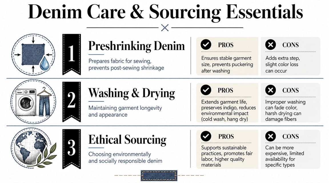 An infographic detailing the essentials of denim care, including preshrinking, washing, drying, and ethical sourcing practices.