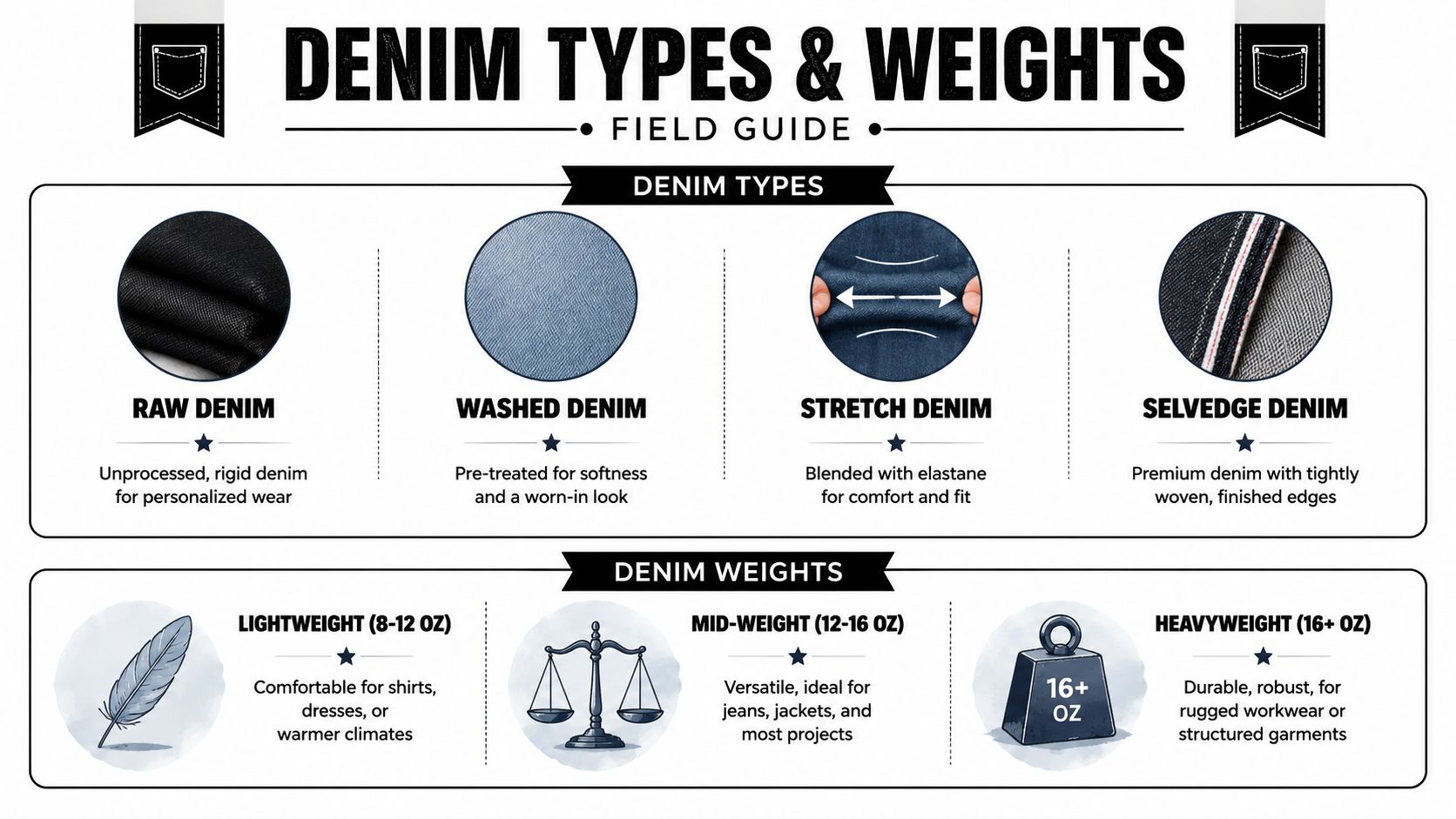 An infographic titled Denim Types and Weights explaining different denim fabrics and their various weight categories.
