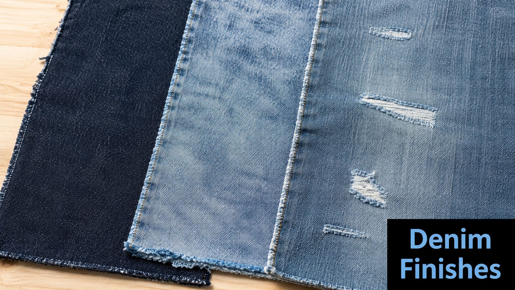 Three samples of denim fabric in varying shades of blue from dark indigo to distressed light blue.