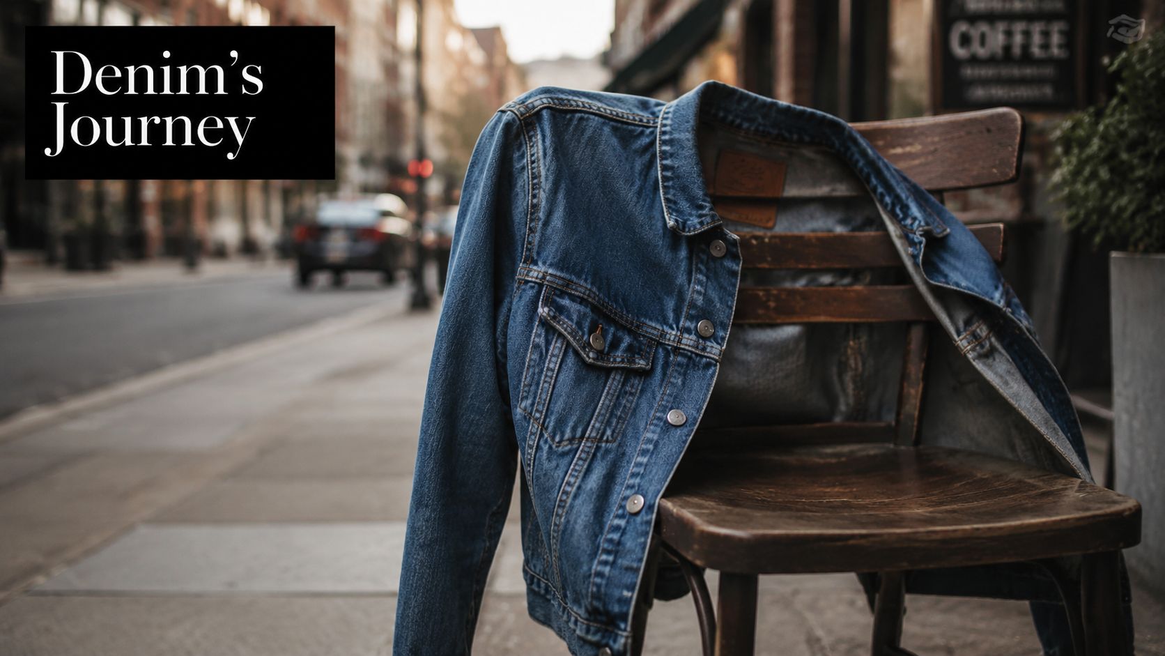 A denim jacket draped over a wooden chair on a city sidewalk near a coffee shop.