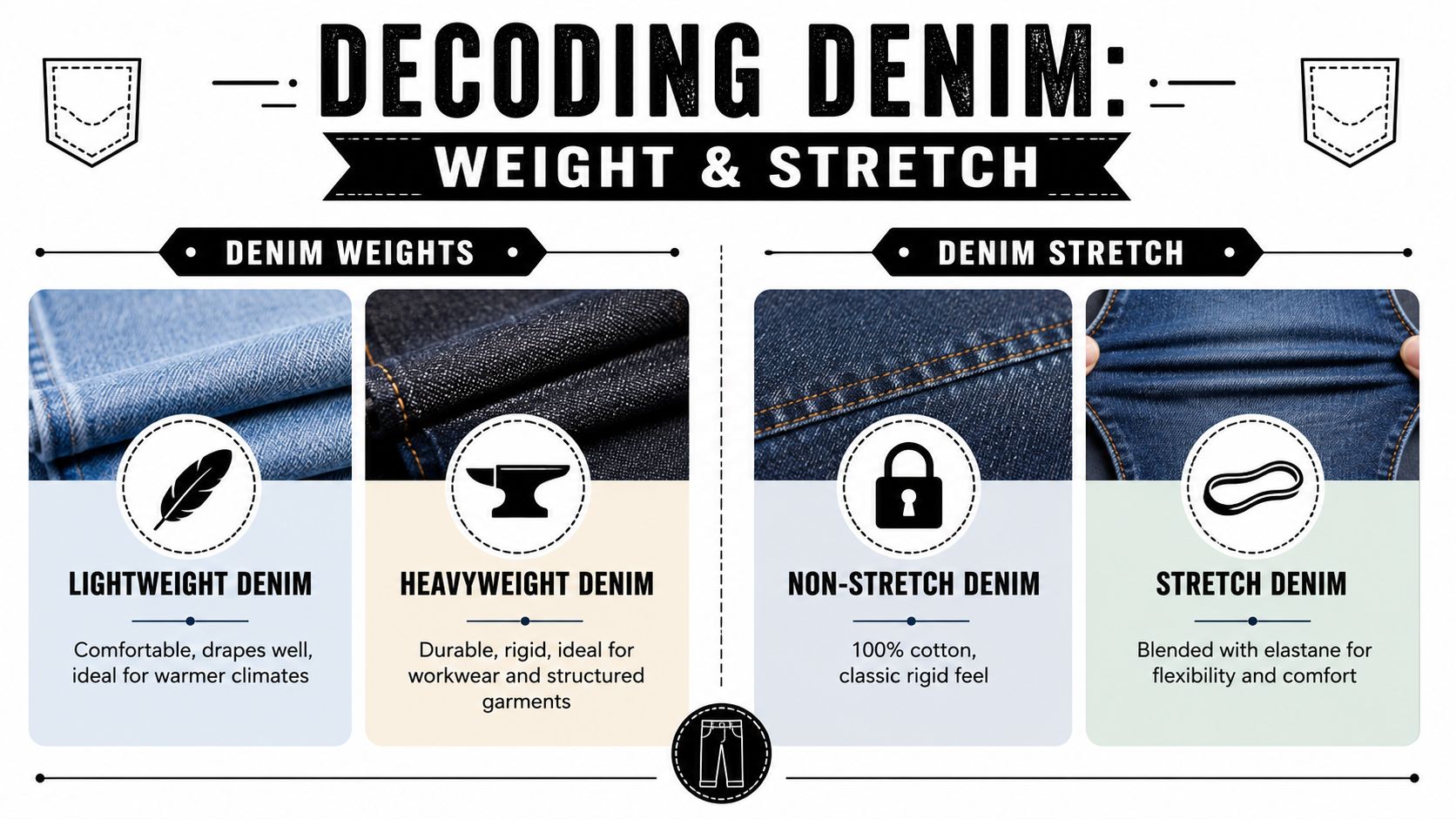 An educational infographic explaining the different categories of denim fabric based on weight and stretch properties.