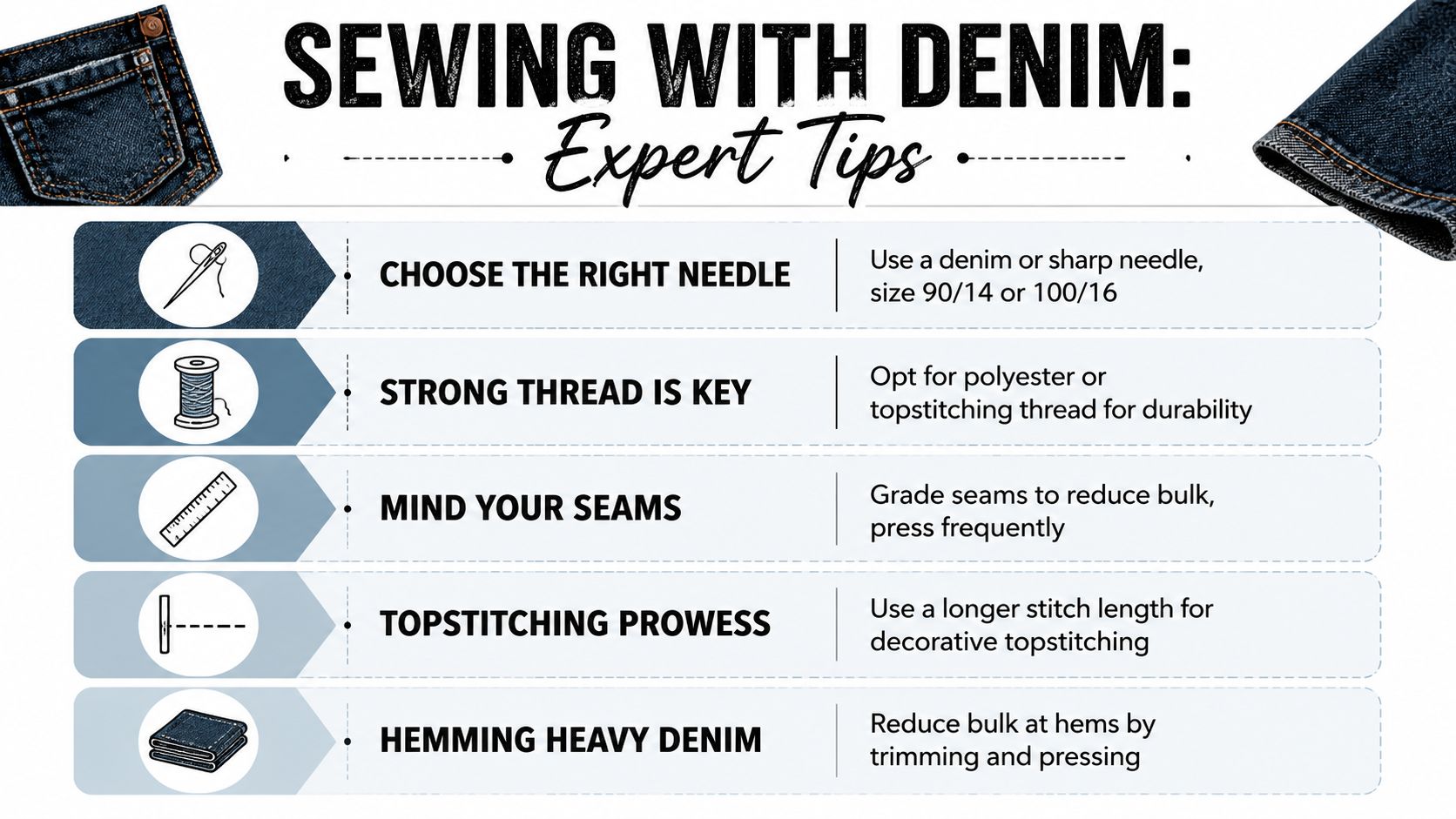 An infographic titled Sewing With Denim featuring five expert tips for working with denim fabric materials.