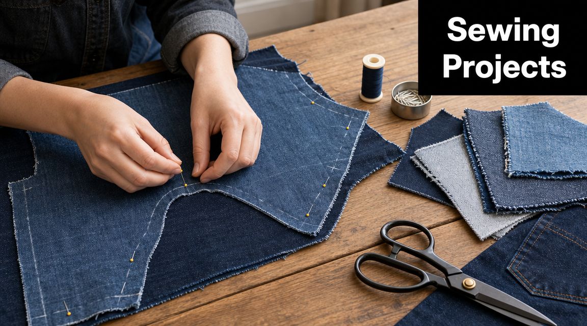 A person crafting a garment using dark denim fabric with pins, thread, and scissors on a table.